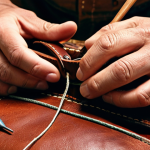 **Image Prompt:** A skilled artisan meticulously hand-stitching a luxurious leather bag in a traditional workshop. Close-up shot emphasizing the detail of the leather, tools, and the artisan's hands. The background subtly shows historical leatherworking artifacts.