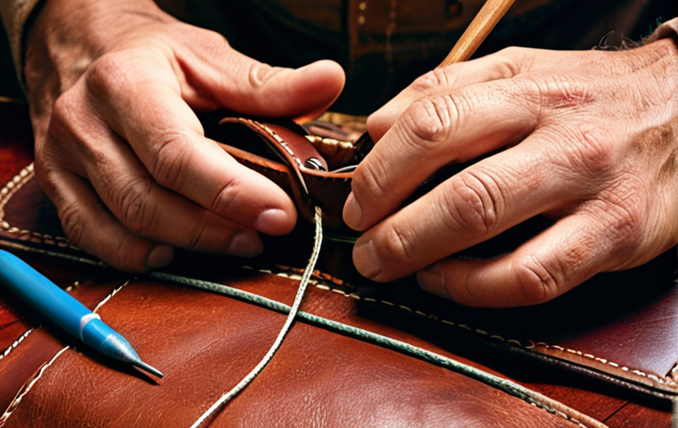 **Image Prompt:** A skilled artisan meticulously hand-stitching a luxurious leather bag in a traditional workshop. Close-up shot emphasizing the detail of the leather, tools, and the artisan's hands. The background subtly shows historical leatherworking artifacts.